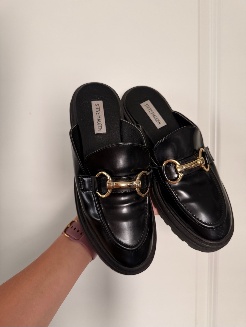 Steve Madden Black Leather Backless Loafers with Gold Bit